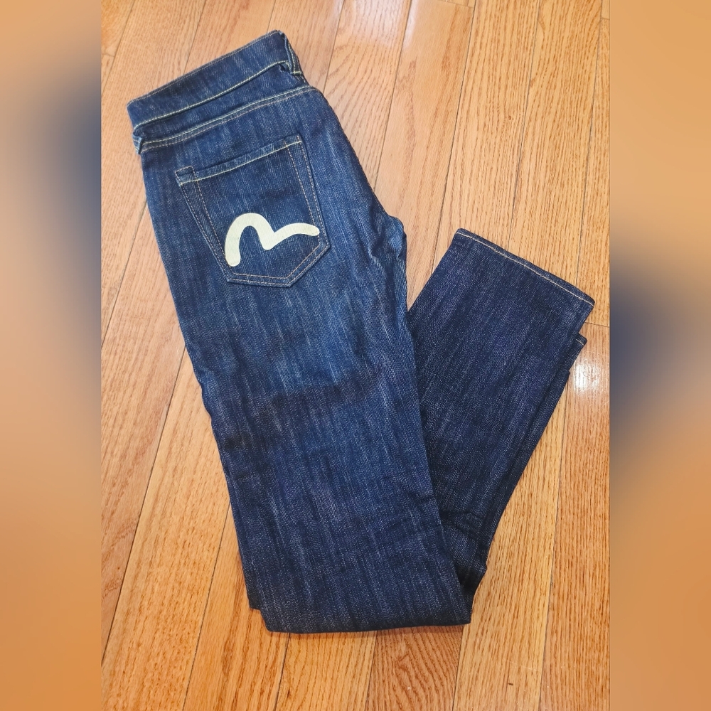 Evisu Women’s Skinny Jeans in Dark Blue with White Back Logo Size 28x33